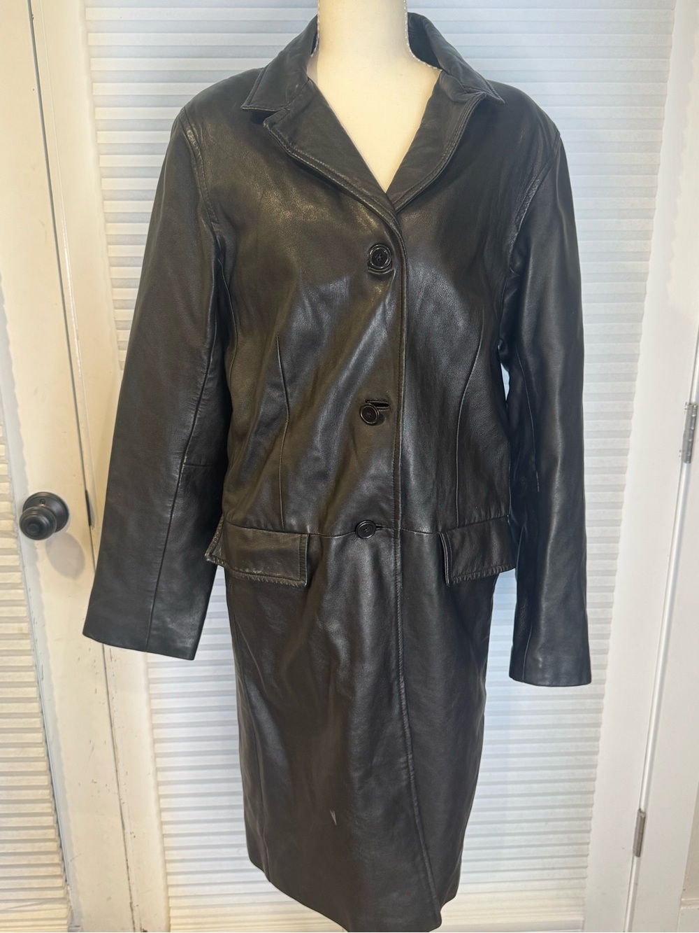 Women's Black Leather Trench Coat Jacket SC